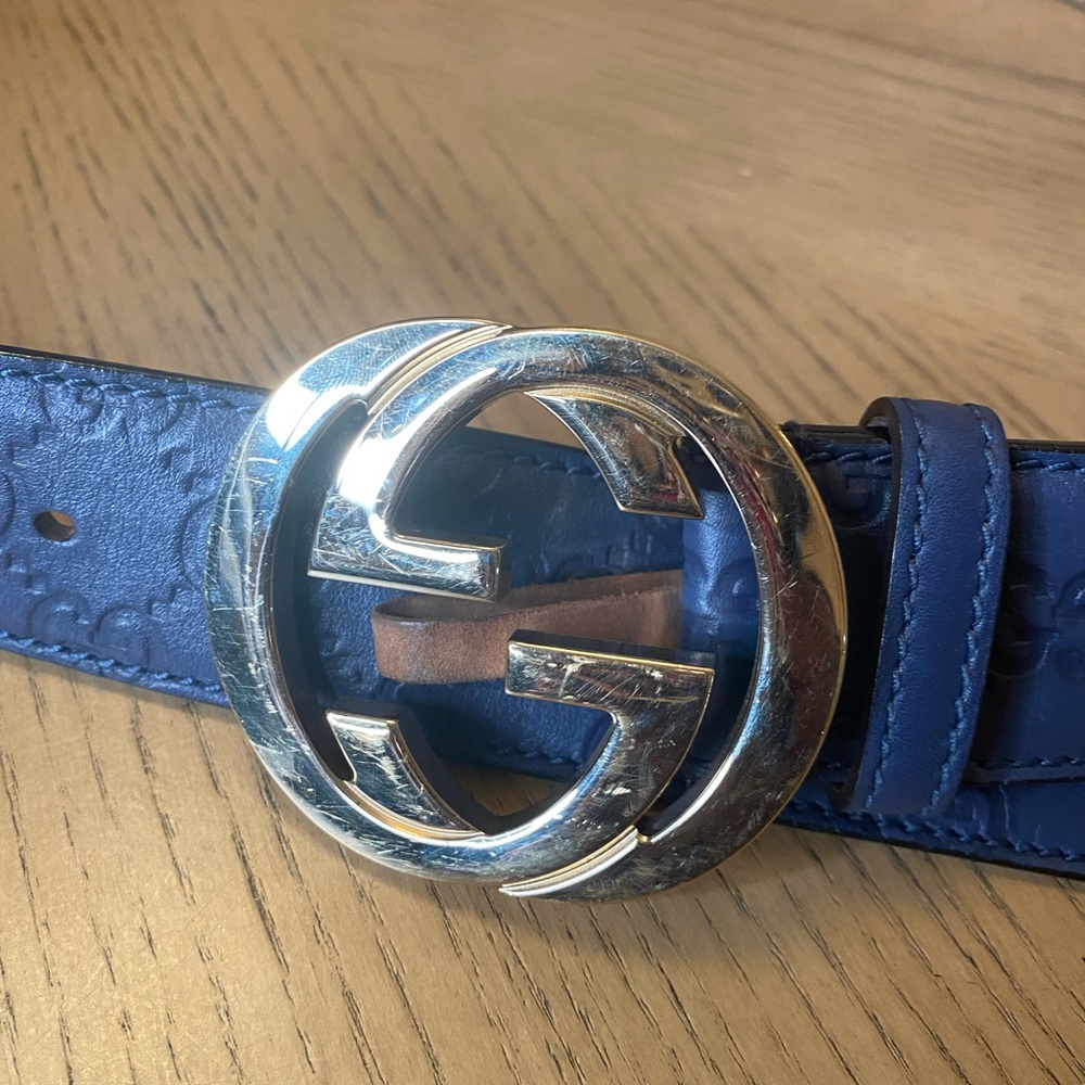 ❤️ Authentic Gucci Vintage Blue Leather Gussisima Belt, Silver Hardware, - Picture 3 of 4